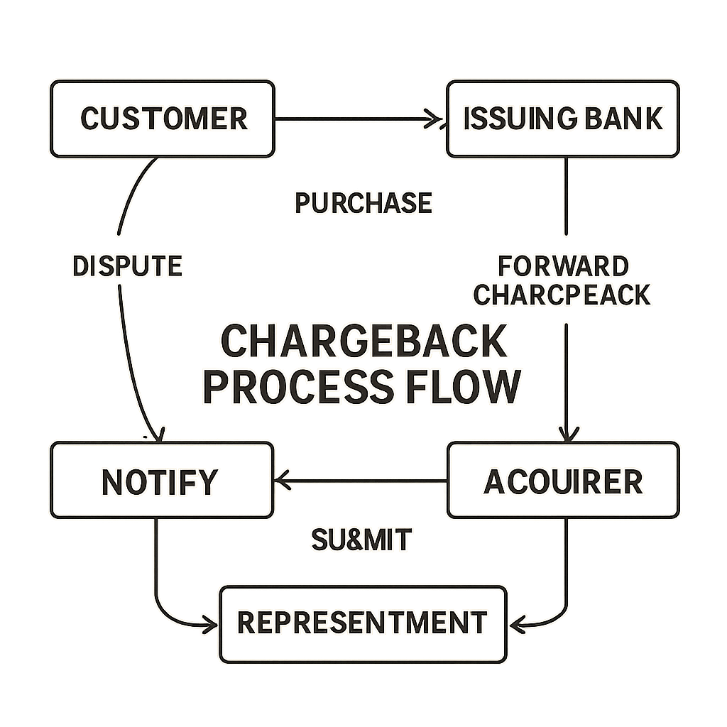 Diagram showing the chargeback process flow in payment processing
